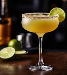 Margarita cocktail glass with lime slice on dark bar background, close up, copy space