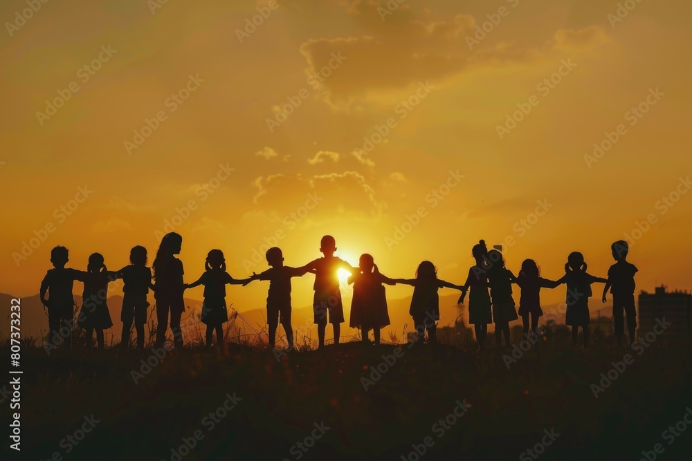 Poster Group of children holding hands at sunset. Perfect for family and unity concepts