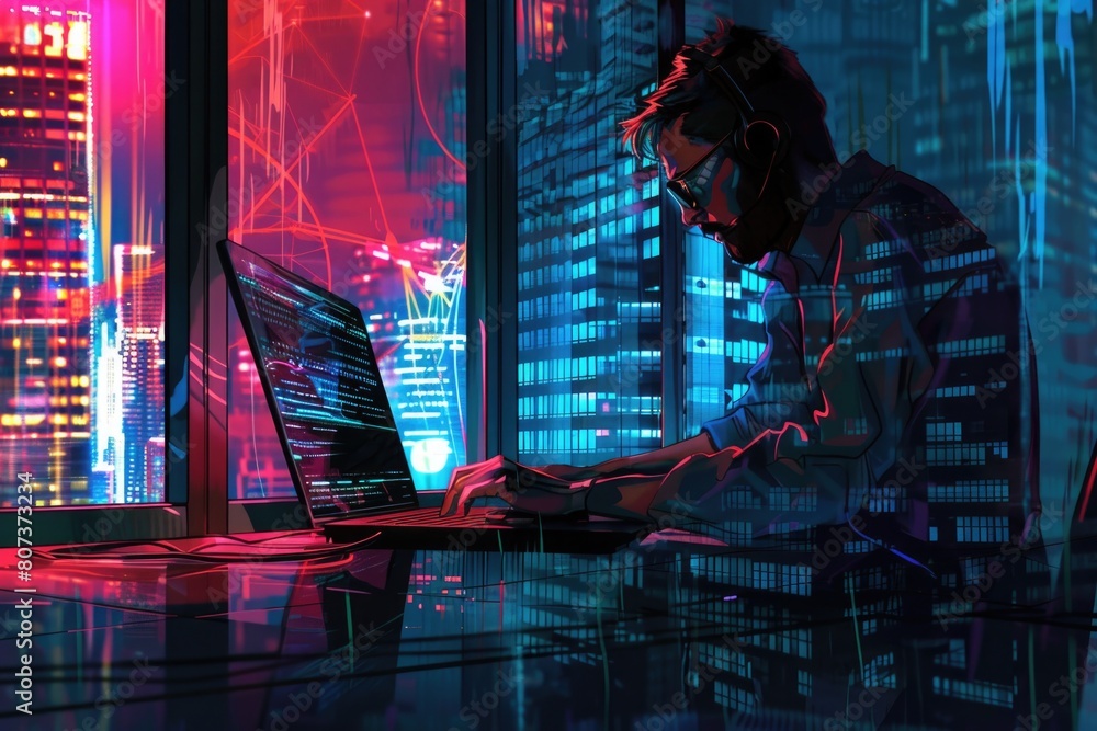 Poster A man sitting in front of a laptop computer. Ideal for technology and business concepts