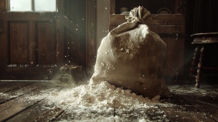 A sack of flour sitting on a wooden floor. Perfect for baking or cooking concept