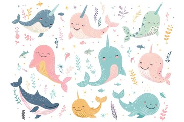 A group of adorable narwhals surrounded by plants and flowers. Perfect for educational and nature-themed projects