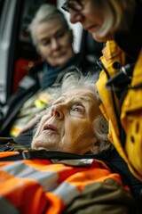 Obraz premium Woman laying in the back of a car next to a fireman. Suitable for emergency rescue concept