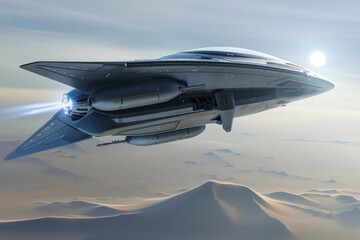An alien spaceship hovers in the sky over a desert landscape. The ship is silver and sleek, with a flat bottom and a pointed bow.