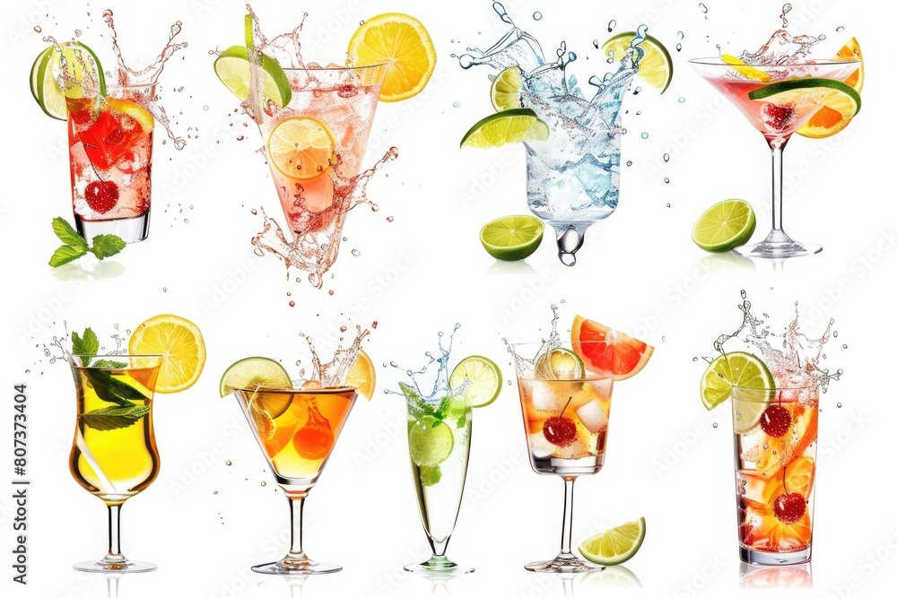 Poster a group of different types of cocktail drinks. perfect for bar menus or party invitations.