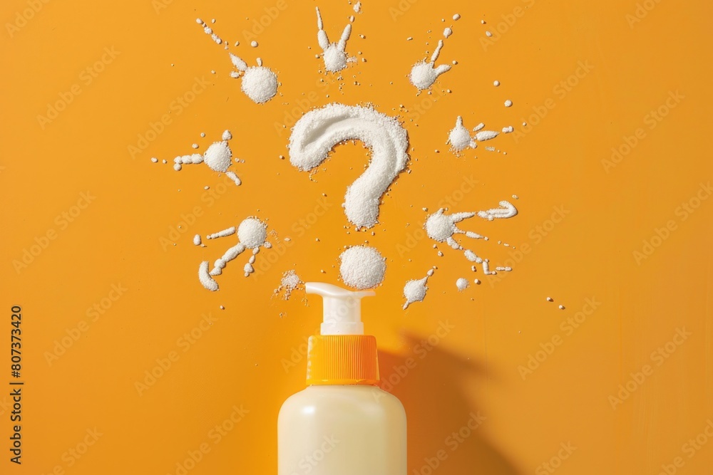 Poster a bottle of lotion with a question mark symbolizing uncertainty. suitable for beauty and skincare co