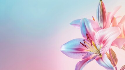 Pink lily flower isolated on gradient pink and blue background with copy space text. Elegant floral panorama banner for Mother’s Day, romantic Valentine's, Happy Birthday, spring and summer