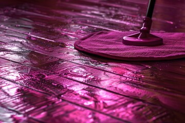 A pink mop placed on a wooden floor. Perfect for cleaning product advertisements