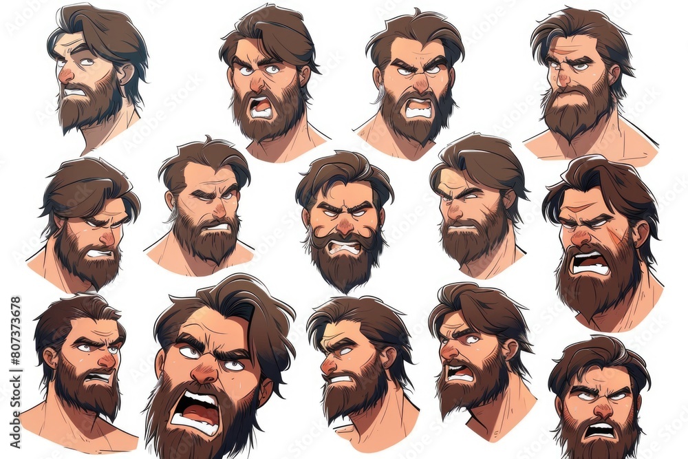 Poster collection of facial expressions by a bearded man, suitable for a variety of projects