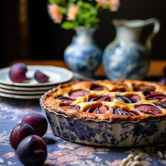 Homemade plum cake in porcelain mold, German traditions, rustic style, close up