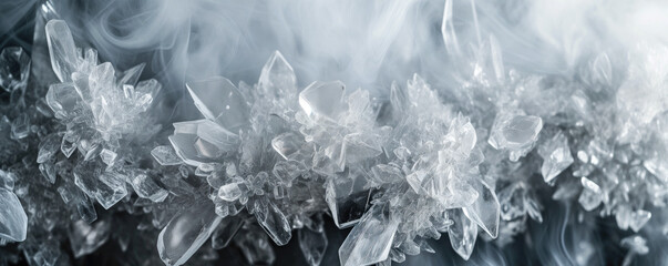 Transparent white crystals, some smoke near, closeup macro detail - abstract crystalline background. Generative AI	