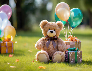 Stuffed brown bear toy with pink bow and colored balloons on green grass close up copy space