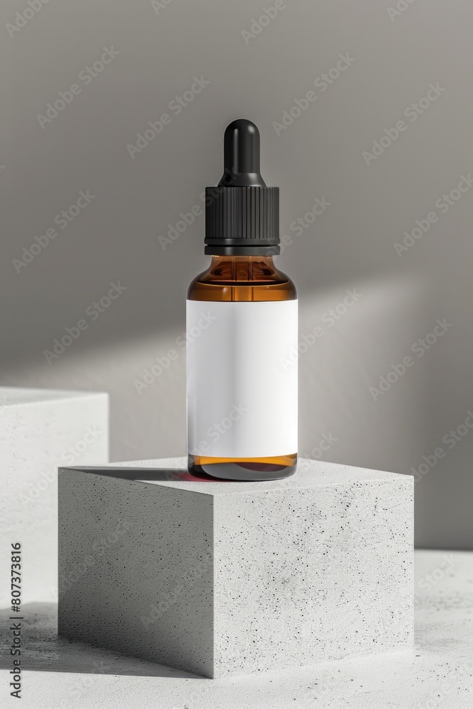 Poster A bottle of liquid resting on a block, suitable for various concepts