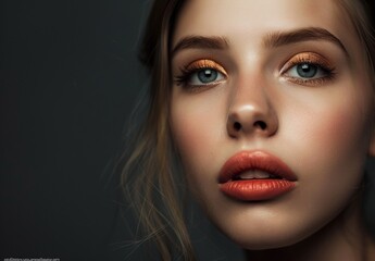 Fototapeta premium Close-up portrait of a beautiful young woman featuring intense eye contact and bold red lipstick, emphasizing her elegant beauty.