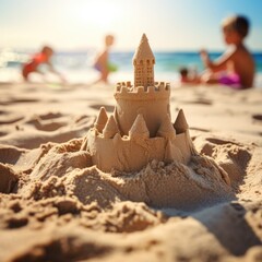 Sand castle on ocean background, close up