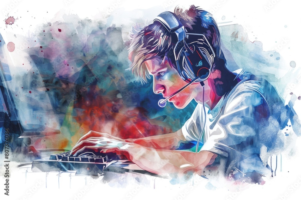 Poster a boy wearing headphones typing on a computer. suitable for technology and education concepts