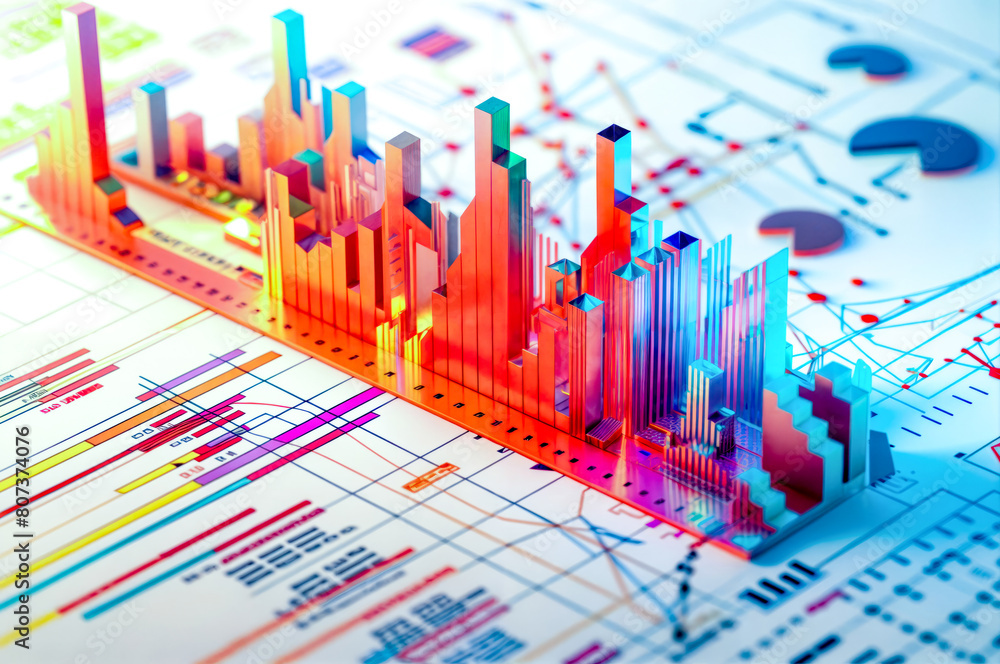 Poster a colorful graph of buildings and lines on a white background