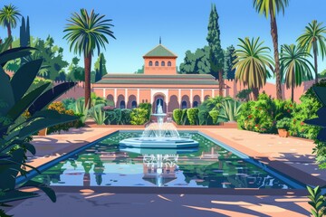Fototapeta premium A serene painting of a fountain in a lush oasis. Perfect for travel brochures