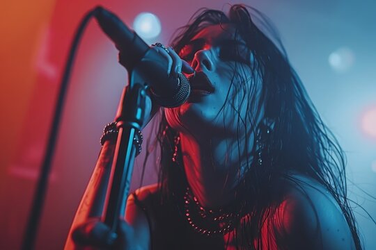 Captivating asian female singer performing live on stage with microphone at concert