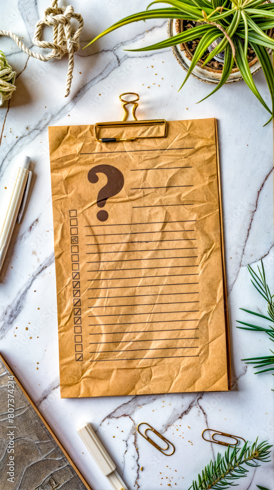Poster a brown paper with a question mark on it is on a table with a pencil