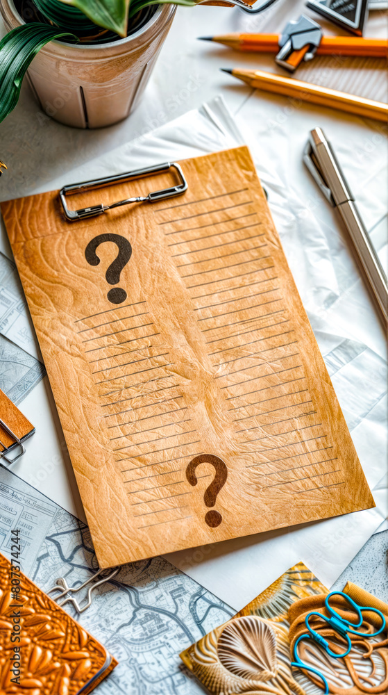 Poster a clipboard with a question mark on it sits on a table with a pen