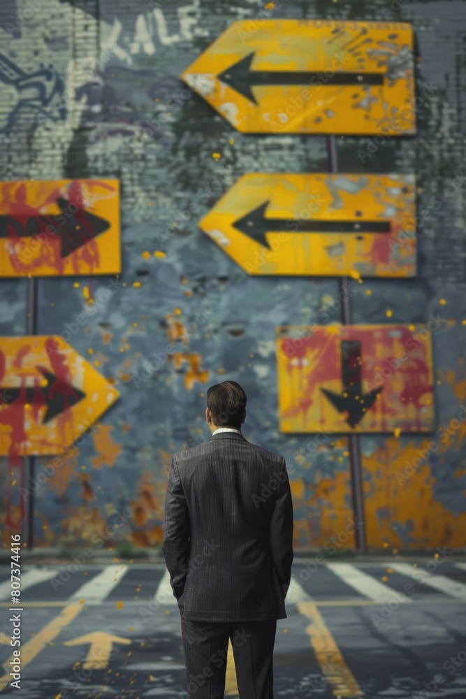 Poster a man in a suit standing in front of a wall with arrows. great for business concepts