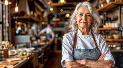 Fototapeta premium A woman chef stands in a kitchen with apron on and a smile on her face