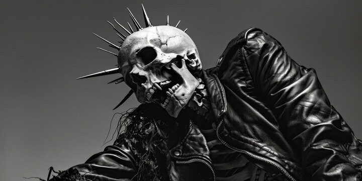 A man wearing a leather jacket and a skull hat. Suitable for Halloween themes or biker concepts