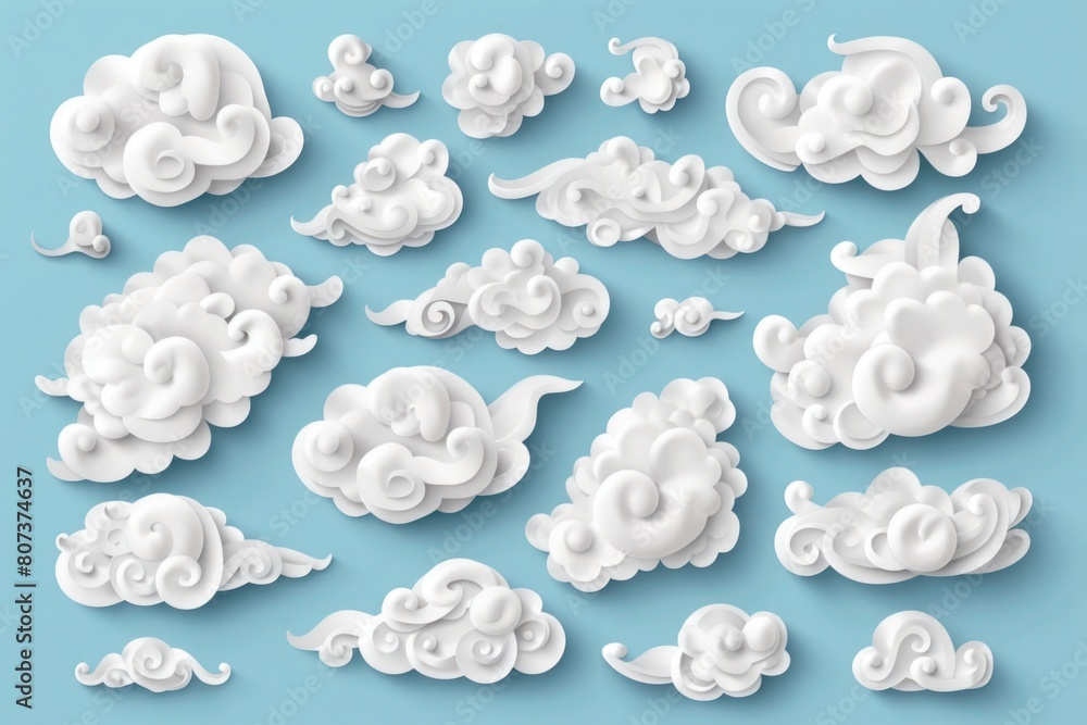 Poster various shapes of clouds on a blue background, suitable for weather or nature concepts