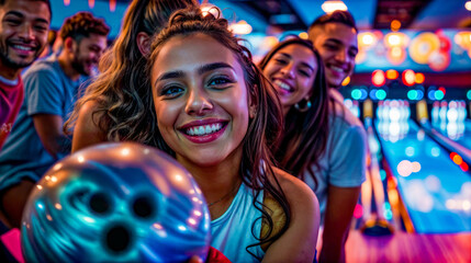 A group of people are bowling and one girl is holding a bowling ball