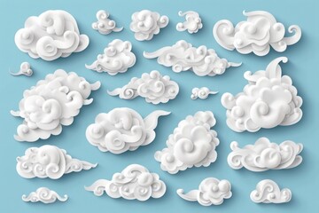 Various shapes of clouds on a blue background, suitable for weather or nature concepts