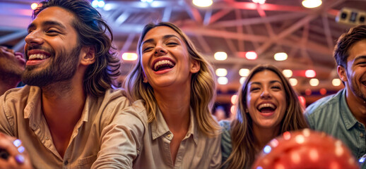 A group of people are laughing and smiling at a bowling game