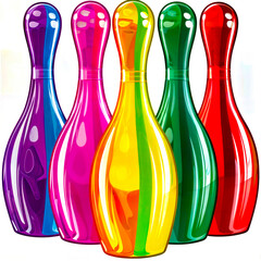 A row of colorful bowling pins are lined up on a white background
