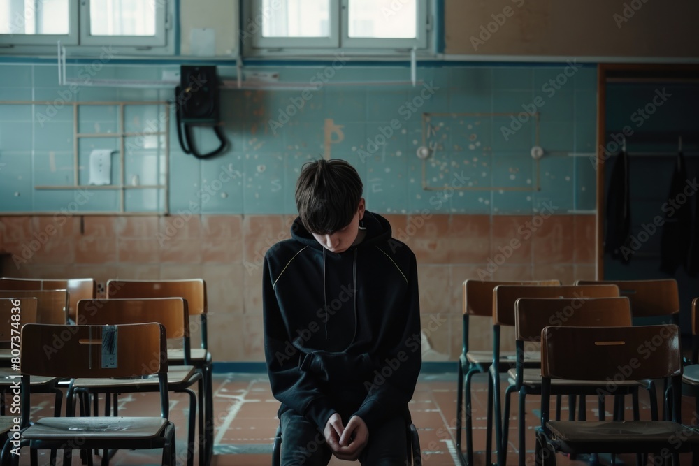 Poster a person sitting on a chair in a classroom. suitable for educational concepts
