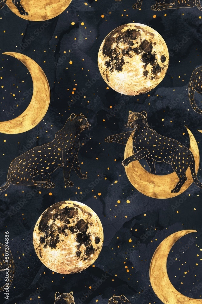 Poster a pattern featuring cats and moons on a black background. suitable for halloween or mystical themes