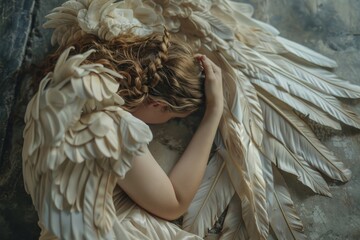 Mysterious woman with wings hiding her face. Perfect for fantasy or surreal concepts - obrazy, fototapety, plakaty
