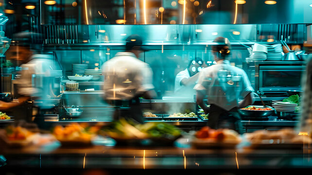 Blurred kitchen restaurant with people working behind glass wall, Chef and sous chef , generated AI