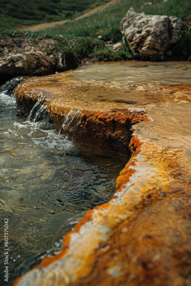 Poster close up view of water stream with rocks in background. suitable for nature and travel themes