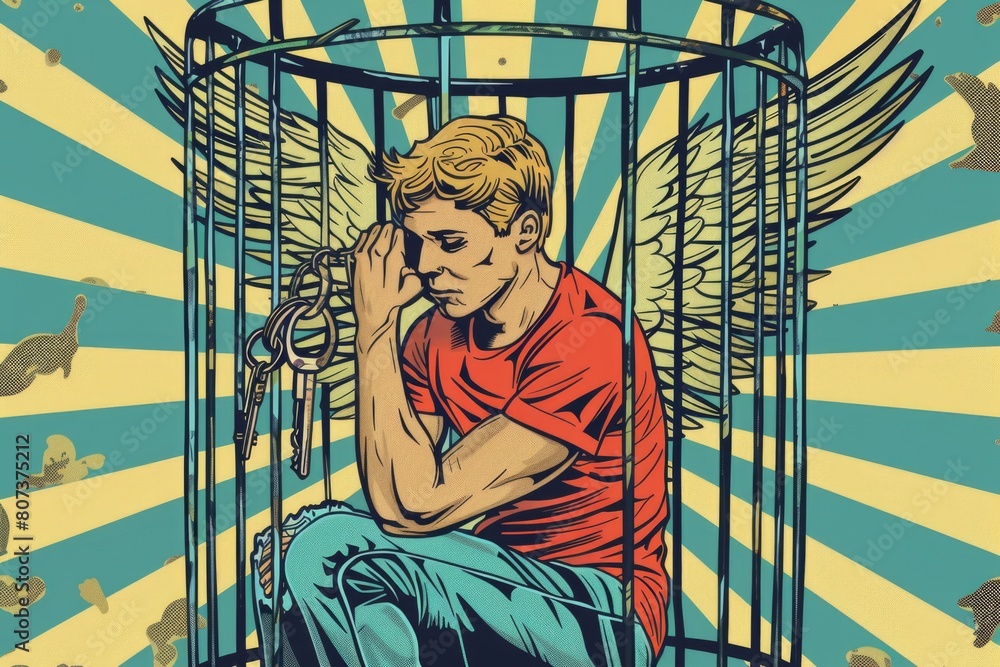 Poster A man with wings sitting inside a cage. Suitable for various creative concepts
