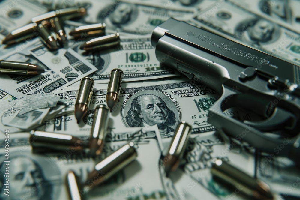Poster a gun and money lying on a table. suitable for crime and finance concepts