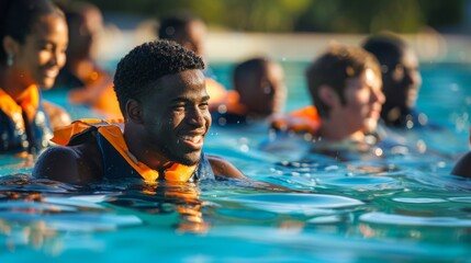 A group of diverse individuals enjoying a swim in a pool on a sunny day. The water ripples as they swim and play.