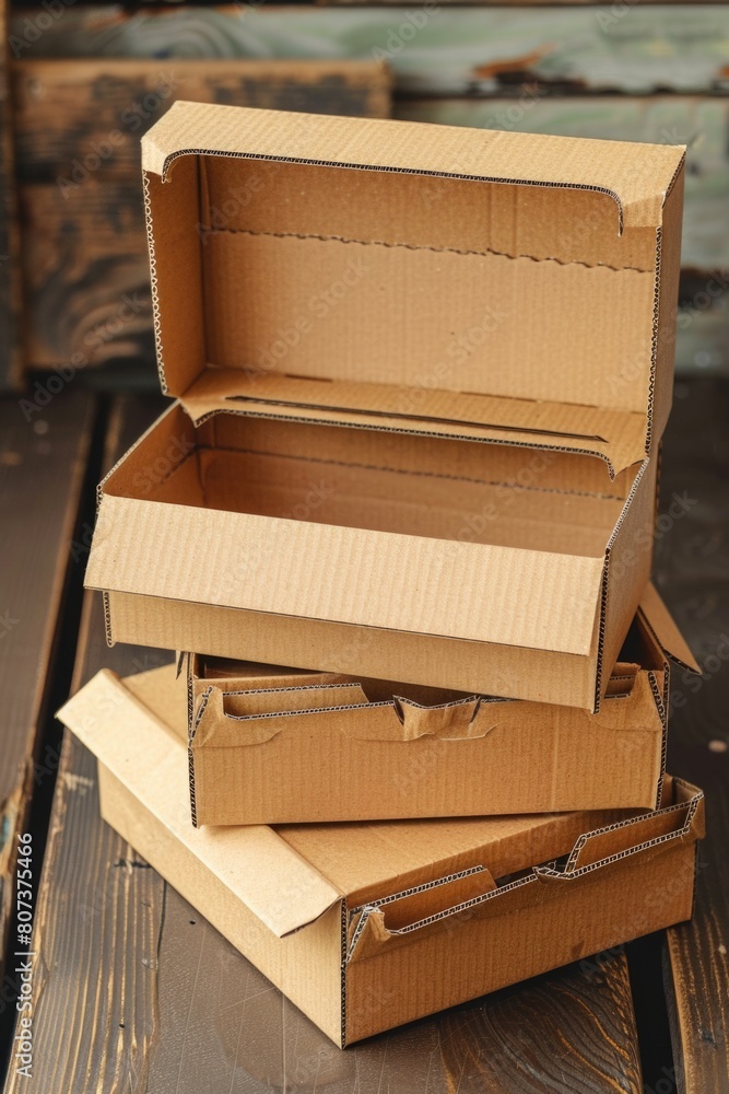 Poster three boxes stacked on a wooden table, suitable for various uses