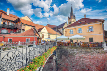 Amazing View of Evangelical Cathedral and the Liars Bridge in the center of Sibiu city.
