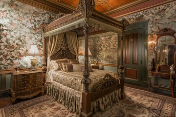 Fototapeta premium Victorian Bedroom with Canopy Bed and Floral Wallpaper