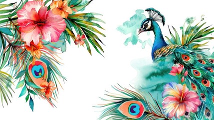 Fototapeta premium Colorful watercolor painting of a peacock surrounded by vibrant flowers. Ideal for nature-themed designs