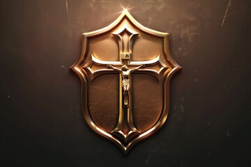 Fototapeta premium Gold shield with cross symbol on a wall, suitable for religious themes