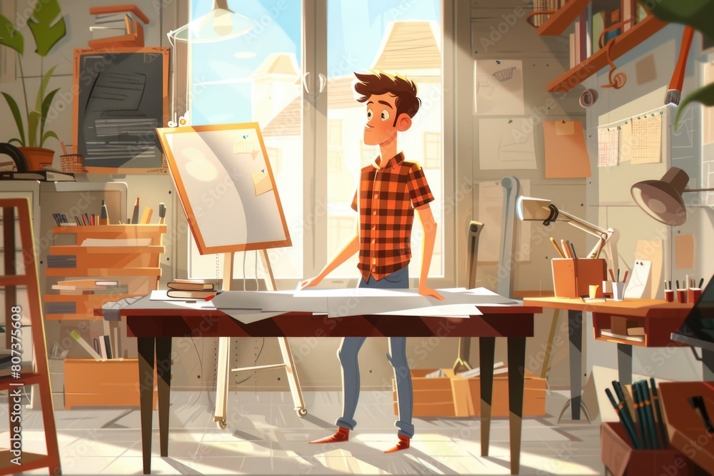 Poster A man standing in front of a desk in a room. Suitable for business concepts