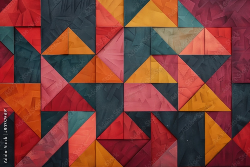 Poster A vibrant wall made up of various colored triangles. Suitable for backgrounds or geometric design concepts