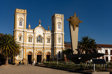 Fototapeta premium Sogamoso, Boyaca - Colombia. April 10, 2024. Cathedral of San Martin of Tours, located in the main park of the municipality