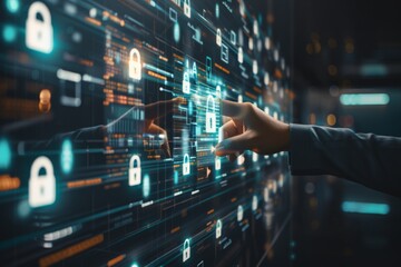 Fototapeta premium Secure encryptions control access to technological platforms; DRM locks and privacy management integrate innovation within secure digital environments.