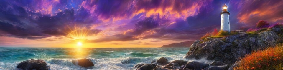 Abstract background majestic sunset at sea with a lighthouse enduring the powerful ocean waves, a scene of resilience and natural beauty.